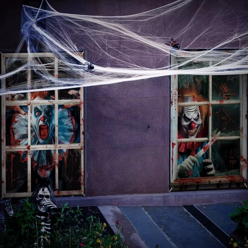 2PCS Creepy Clown Halloween Window Posters Scary Decoration Haunted House Prop